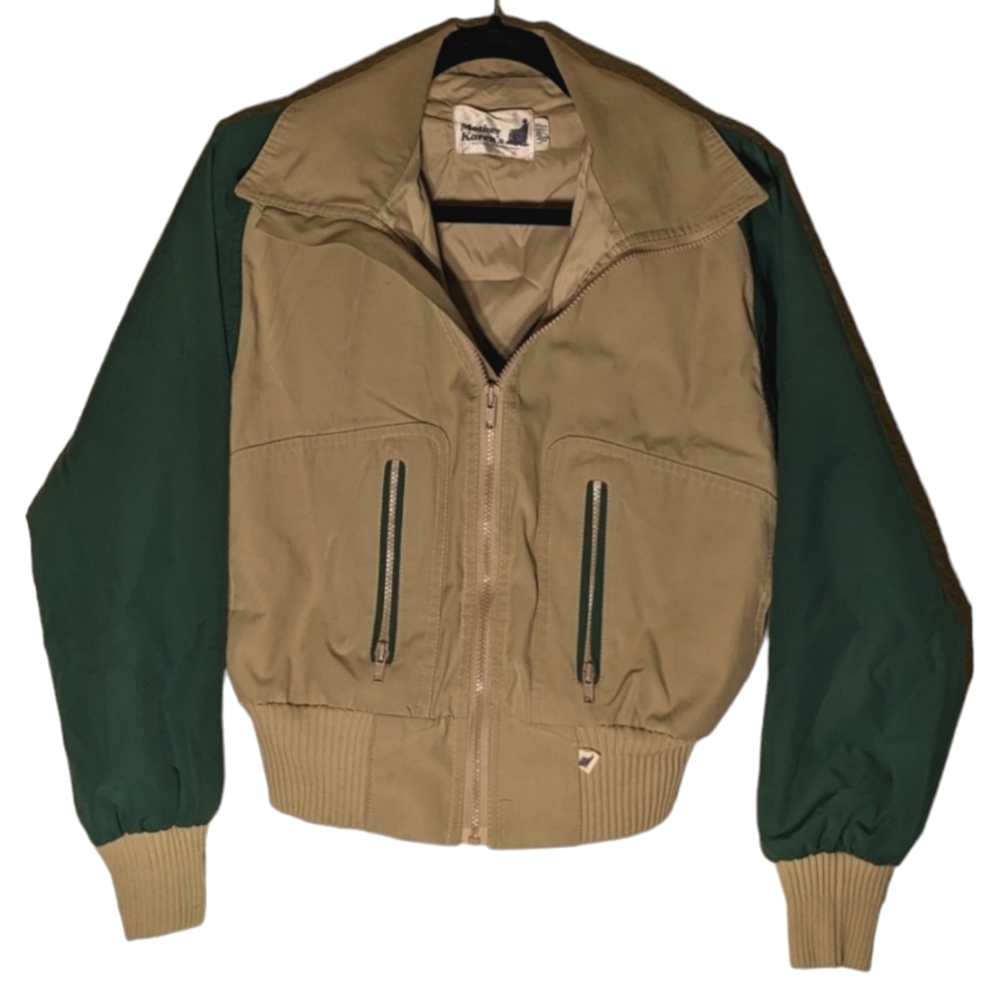 Vintage Color Blocked Tan & Forest Green Bomber Jacket with Knitted Waist Band